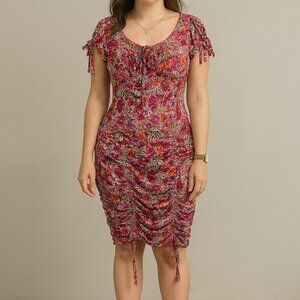 Spencer + Ella Womens Pink Green Purple Orange Cream Floral Ruched Dress Small